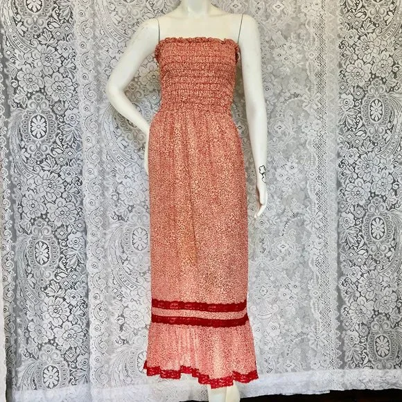 Moda International | Dresses | Red Tan Strapless Maxi Dress 9s Vintage Moda  International Small Sexy Boho | Poshmark